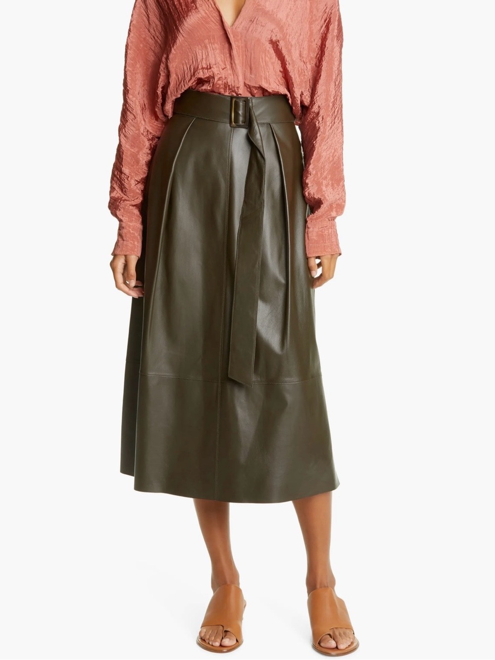 Vince 100% Lamb Leather High Waist Belted Midi Skirt Antique Olive size 10